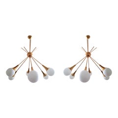Two Large Midcentury Brass and Glass Sputnik Chandeliers, Stilnovo Style, 1970s