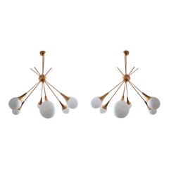 Two Large Midcentury Brass and Glass Sputnik Chandeliers, Stilnovo Style, 1970s