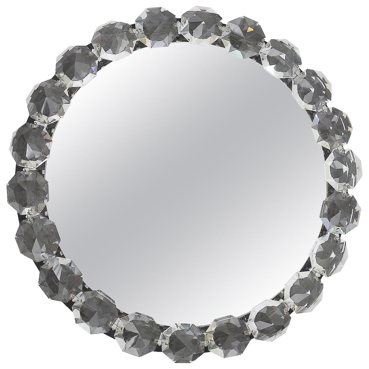 Round Bakalowits Midcentury Diamond Crystals Backlit Wall Mirror, Austria, 1950 For Sale