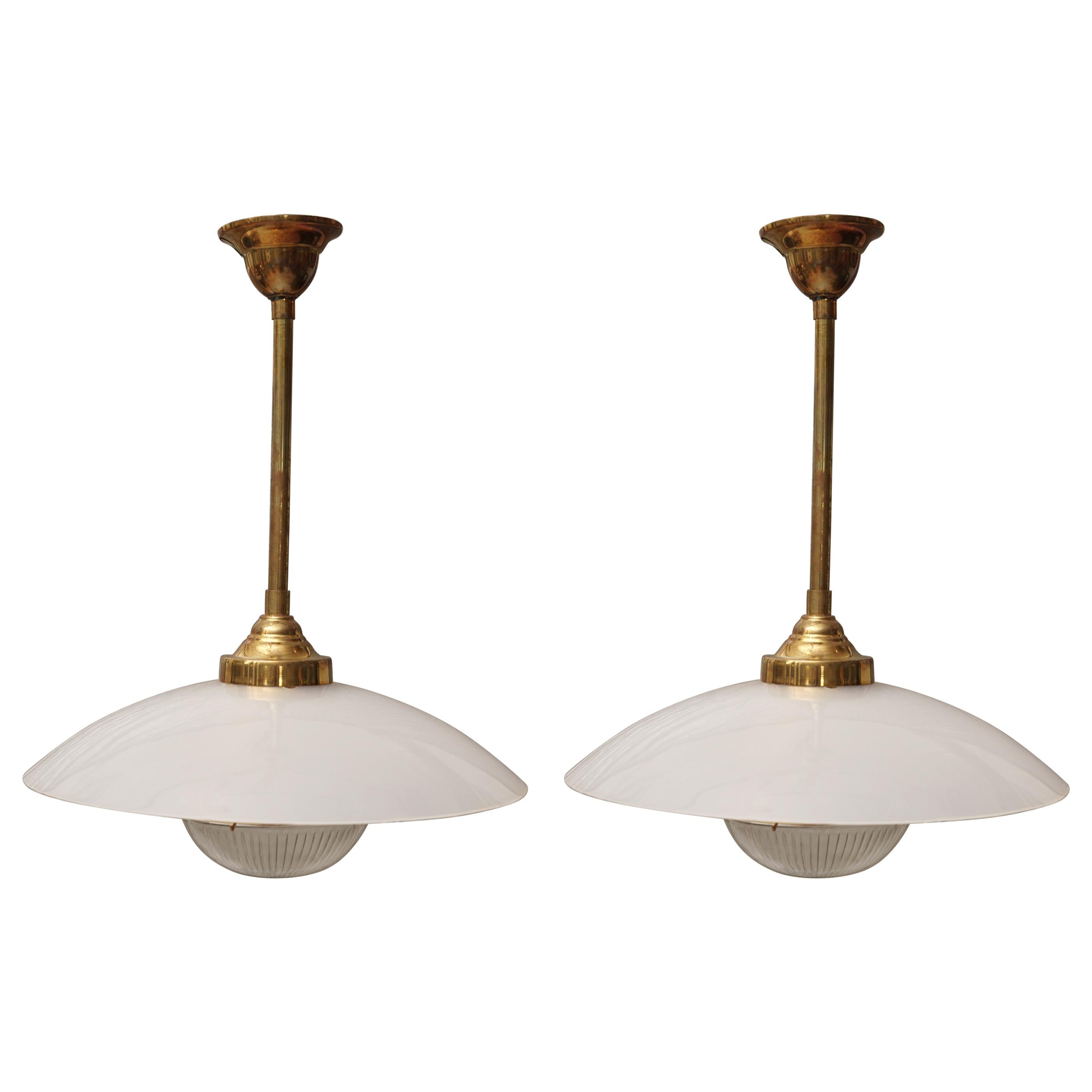 Midcentury Pair of Lucite, Brass and Glass Pendant Lights