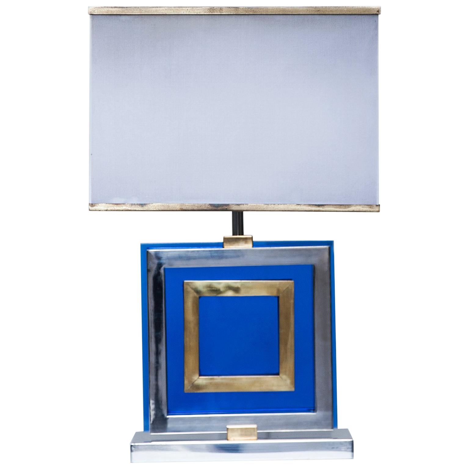 Lampe de bureau Romeo Rega en verre bleu bicolore signée