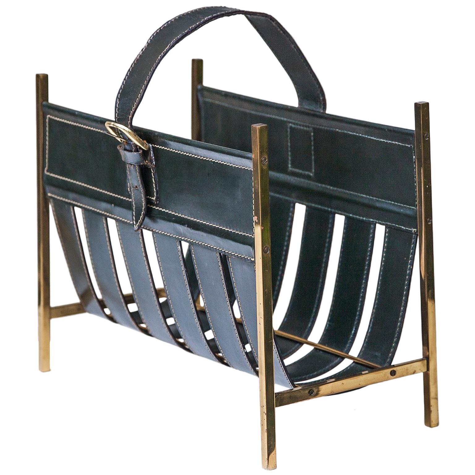 Magazine Rack Green Leather Attributed to Adnet