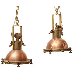 Pair of Nautical Copper and Brass Pendant Ship's Deck Lights, 1970s