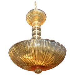 Midcentury Barovier Seguso Murano Italian Ribbed Amber Glass Dome Chandelier