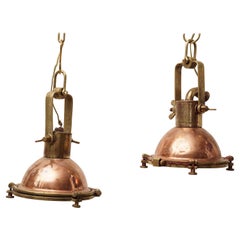 Pair of Copper and Brass Pendants, Originally Ship Desk Lights, C 1970's