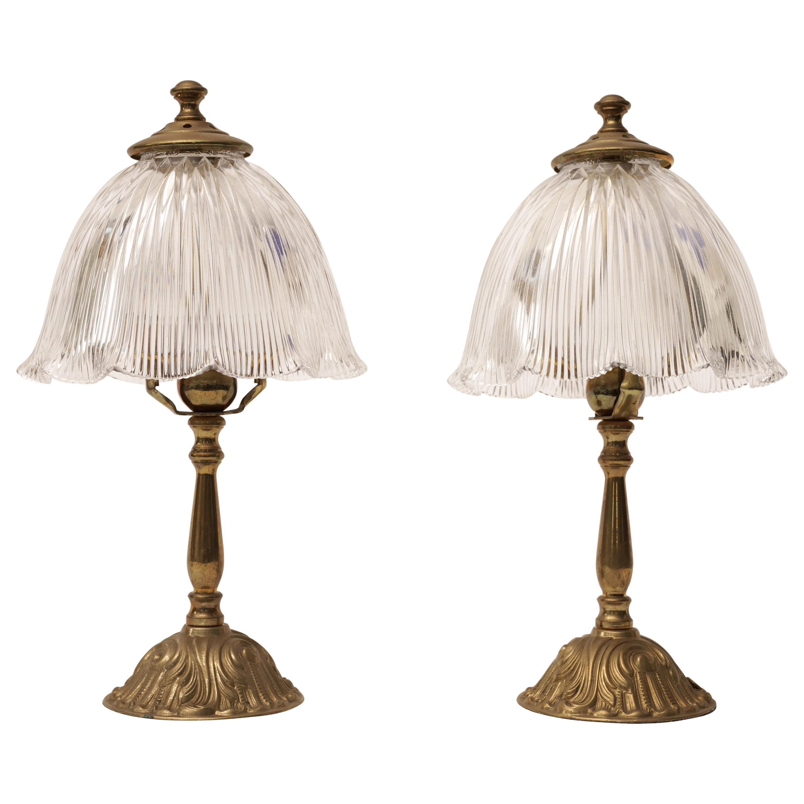 Pair of Petite Brass Table Lamps with Holophane Shades, Mid-1900s