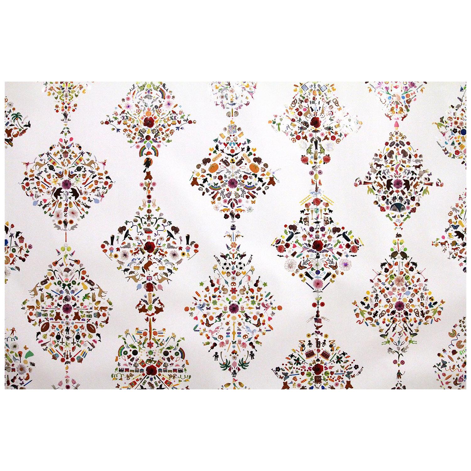 Signature Damask Wallpaper with Multicolored, Hand Applied Stickers im Angebot