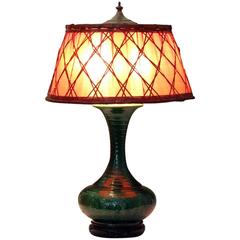 Antique Awaji Pottery Lamp with Woven Bamboo Shade