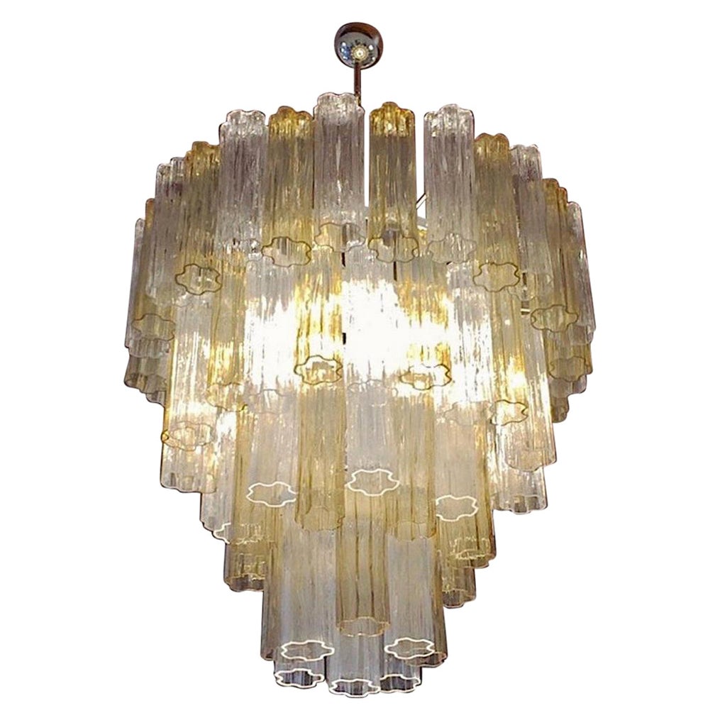 Italian Contemporary Amber & Crystal Clear Murano Glass Tronchi Star Chandelier For Sale