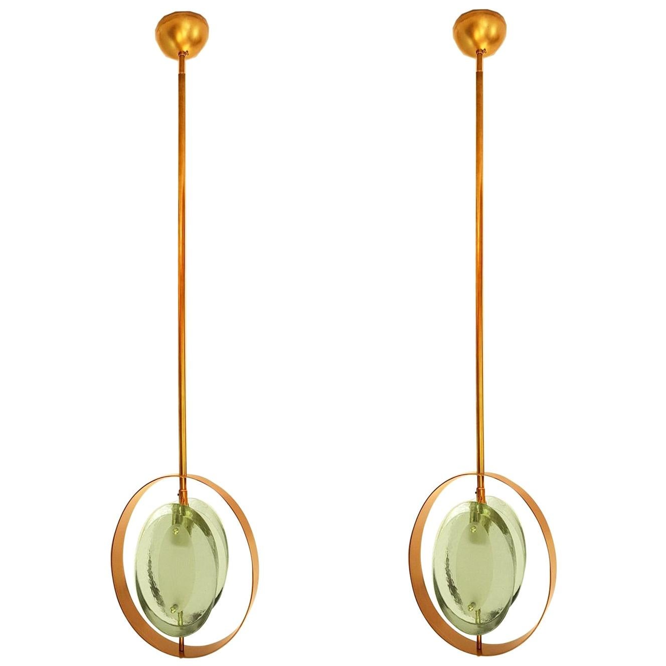 Pair of Mid-Century Modern Max Ingrand Style Brass and Glass Pendants, 1960s