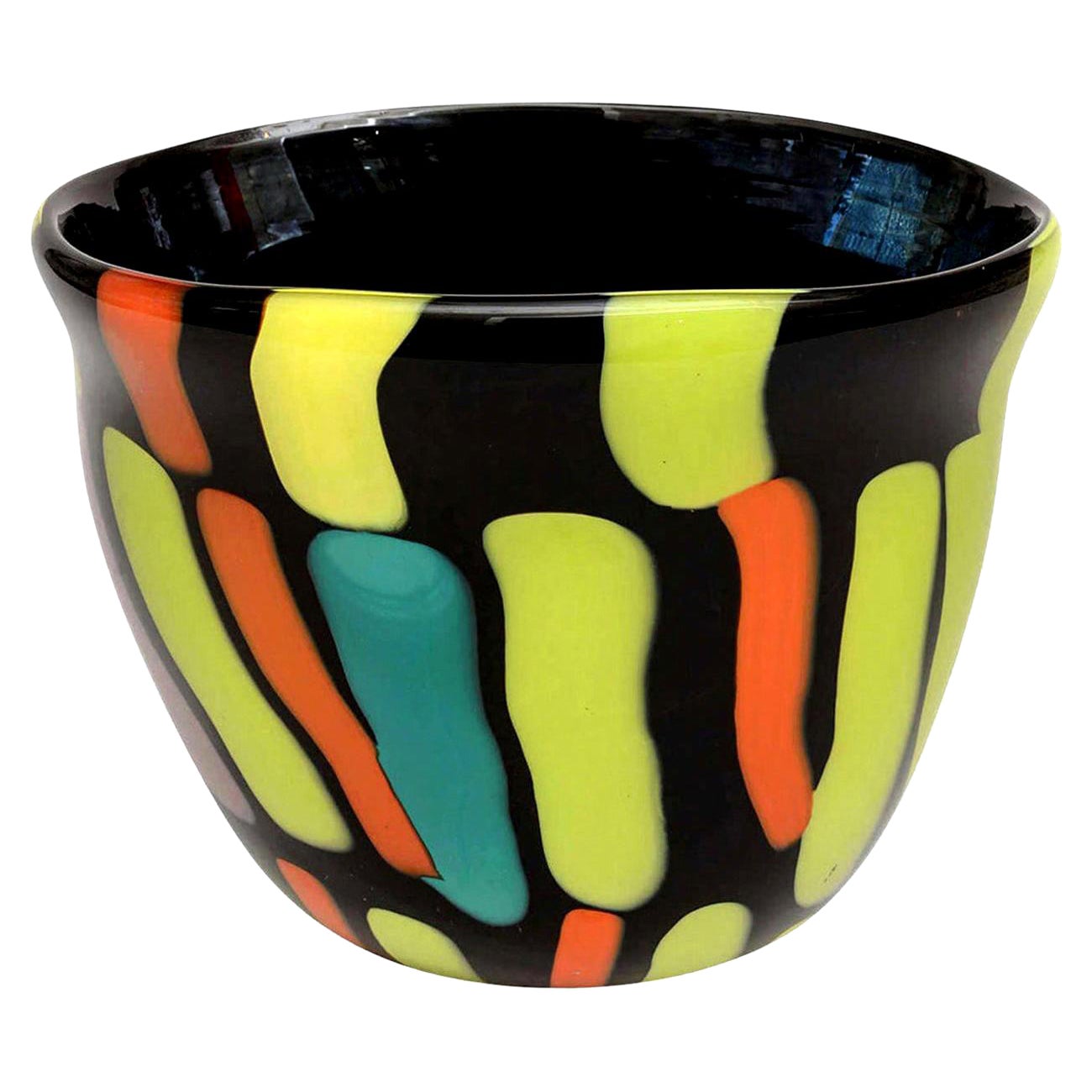 Fratelli Pagnin Signed Murano Orange, Black, Chartreuse Glass Vase Italian 80's For Sale