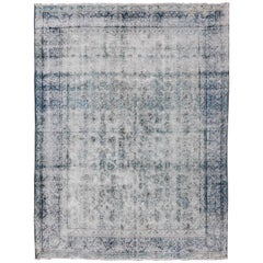 Blue-Gray Persian Modern Distressed Rug with Variegated Background, 1950s