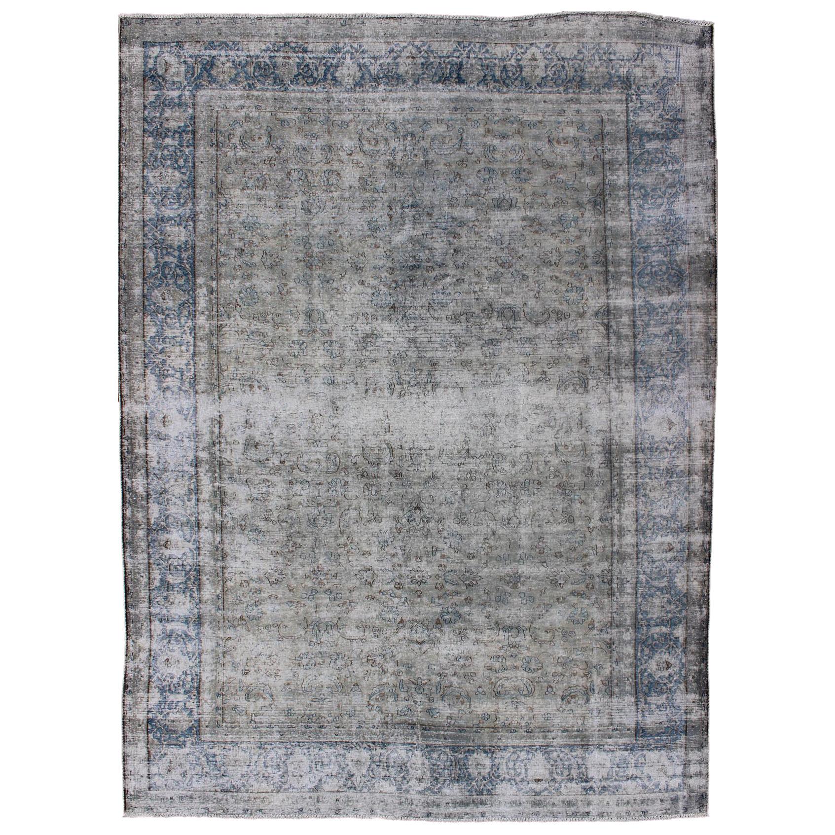 Blue/Gray Vintage Persian Distressed Rug with Modern and Rustic Design