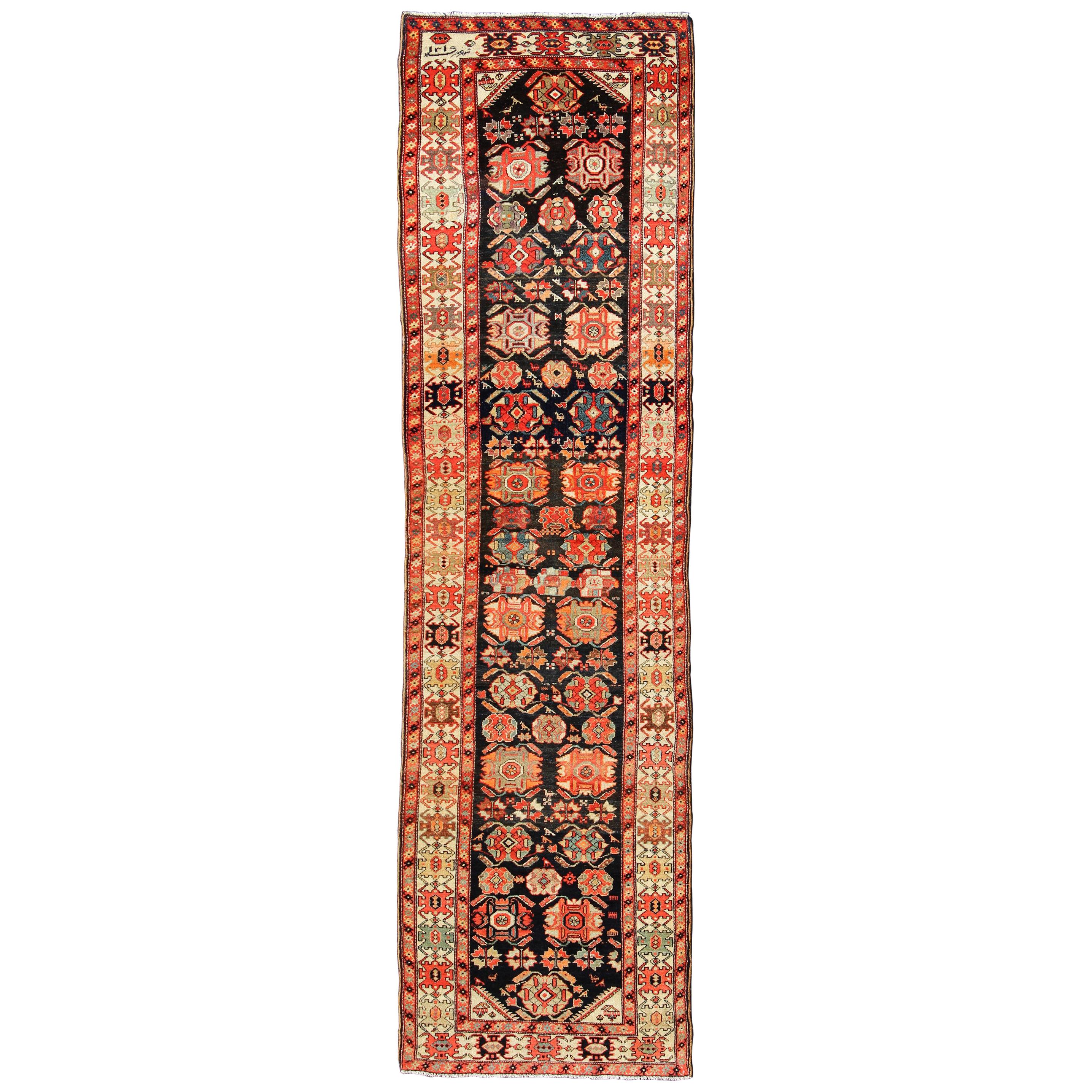 Sub-Geometric Antique Persian Malayer Runner in Onyx and Orange Tones For Sale