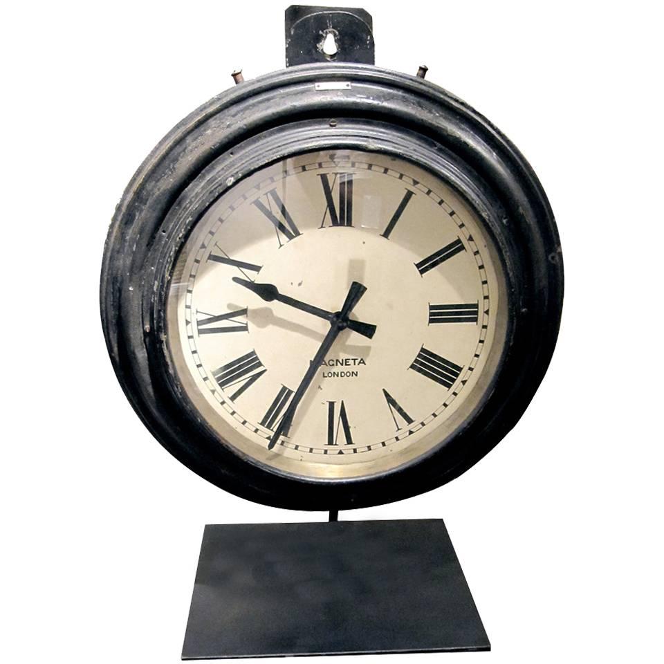 Spectacular Monumental English Railroad Station Clock On Custom Iron Stand. For Sale