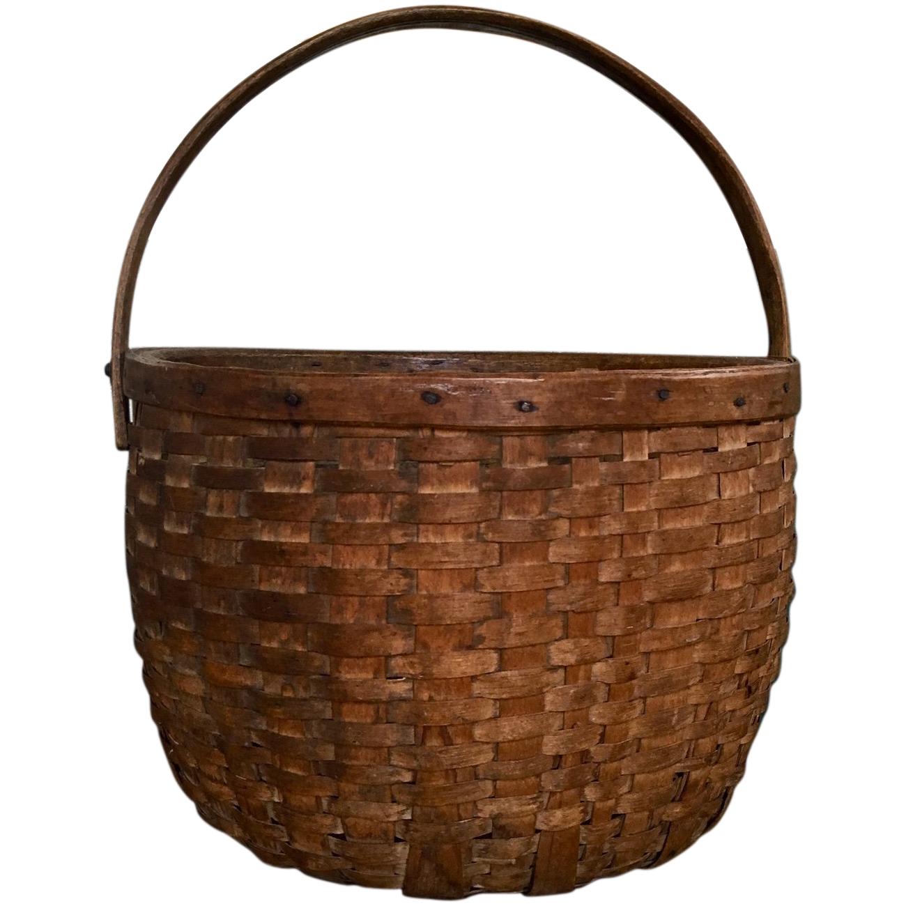 19th Century New England Large Swing Handled Harvest Basket