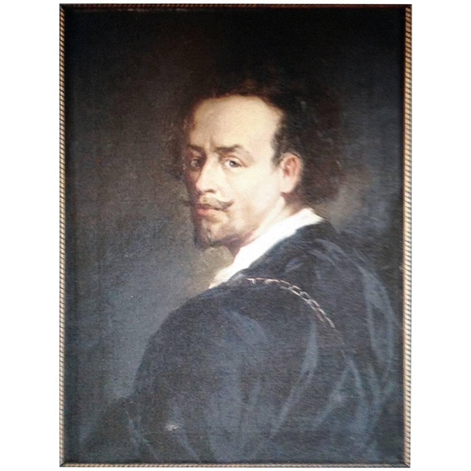Bellissimo ritratto di Van Dyke su tela del XIX secolo con cornice in legno dorato