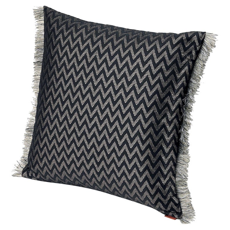 MissoniHome Stanford Cushion in Black Chevron Pattern with Gray Fringe Trim For Sale