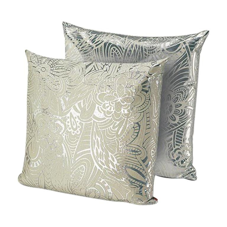 MissoniHome Khal Cushion Set in Metallic Silver with Floral Print For Sale