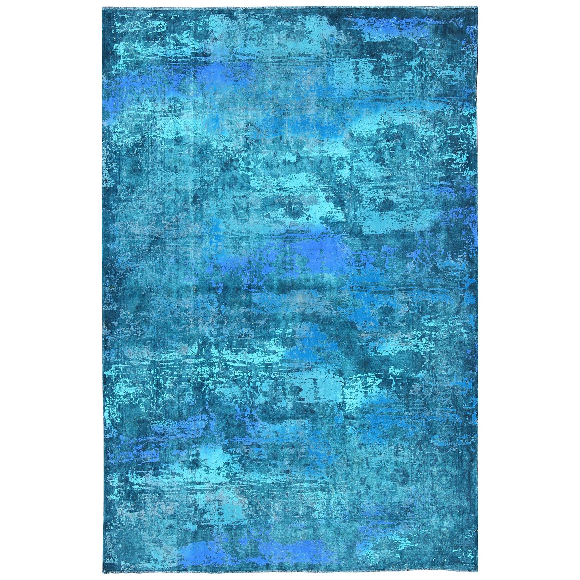 Vintage Persian Rug with Modern Overdyed Design in Shades of Blue, Green, Teal