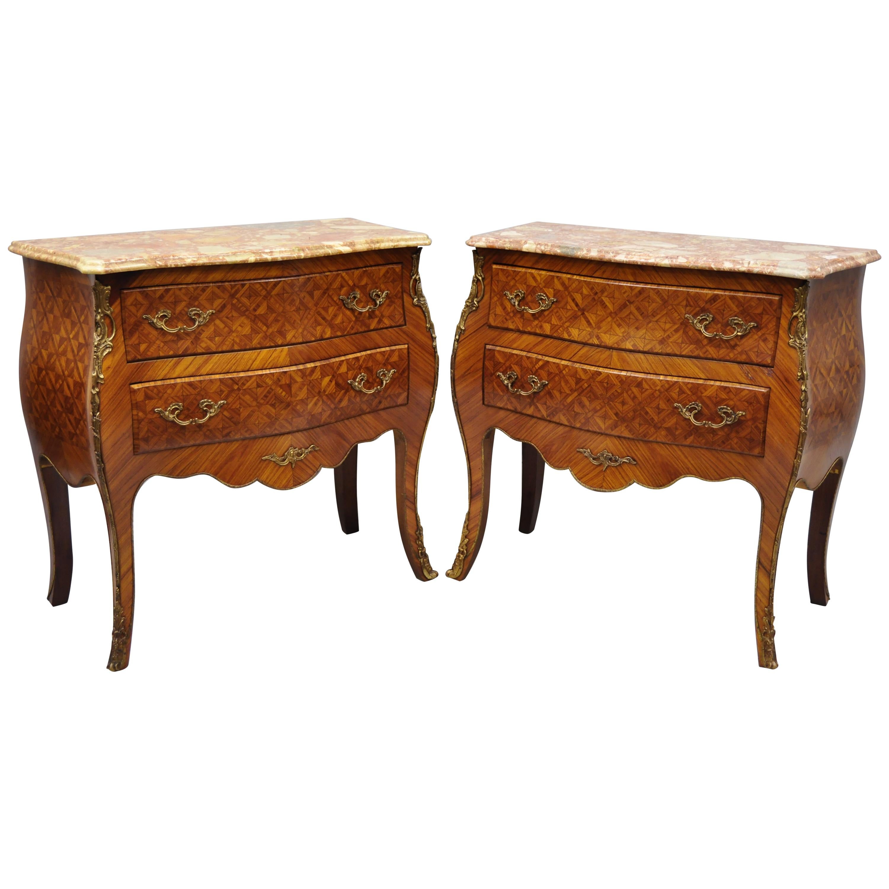 Pair of French Louis XV Style Pink Marble-Top Inlaid Bombe Commode Chests