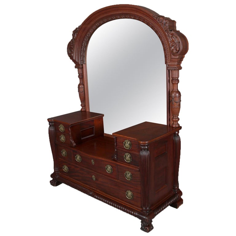Antique R J Horner School Carved Mahogany Drop Center Mirrored