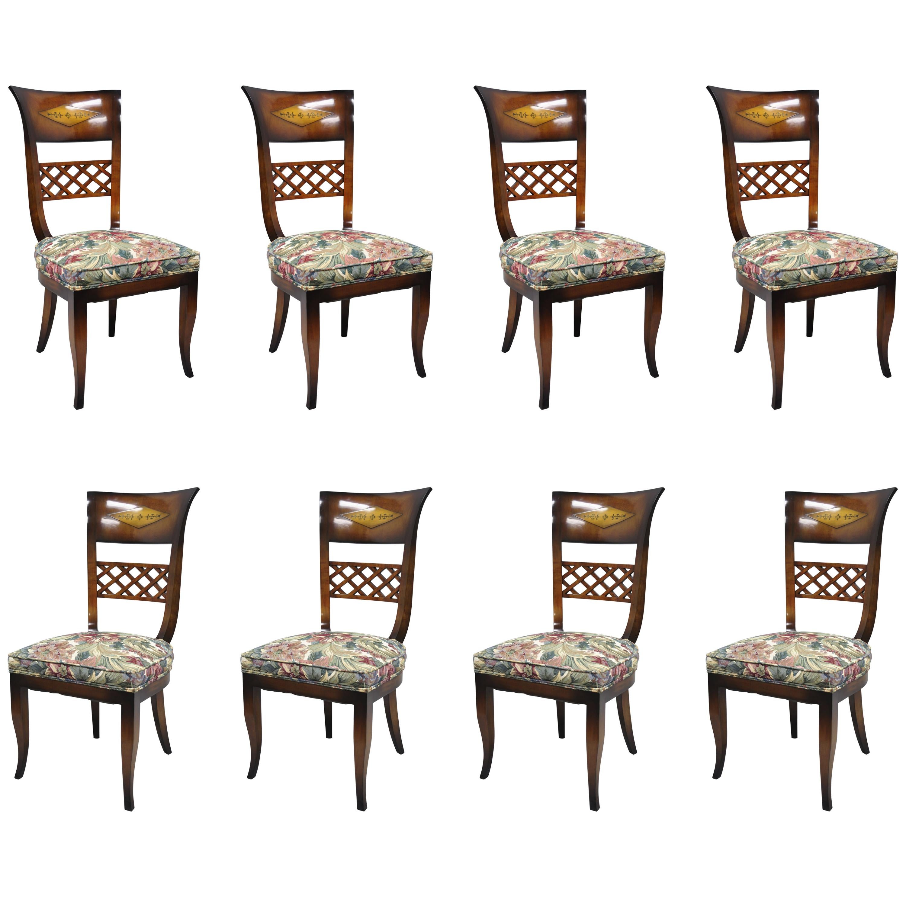 8 Italian Neoclassical Style High Back Lattice and Brass Inlay Dining Chairs For Sale