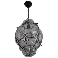 Large 20th Century Venetian Mouth Blown Glass in Metal Frame Pendant Light