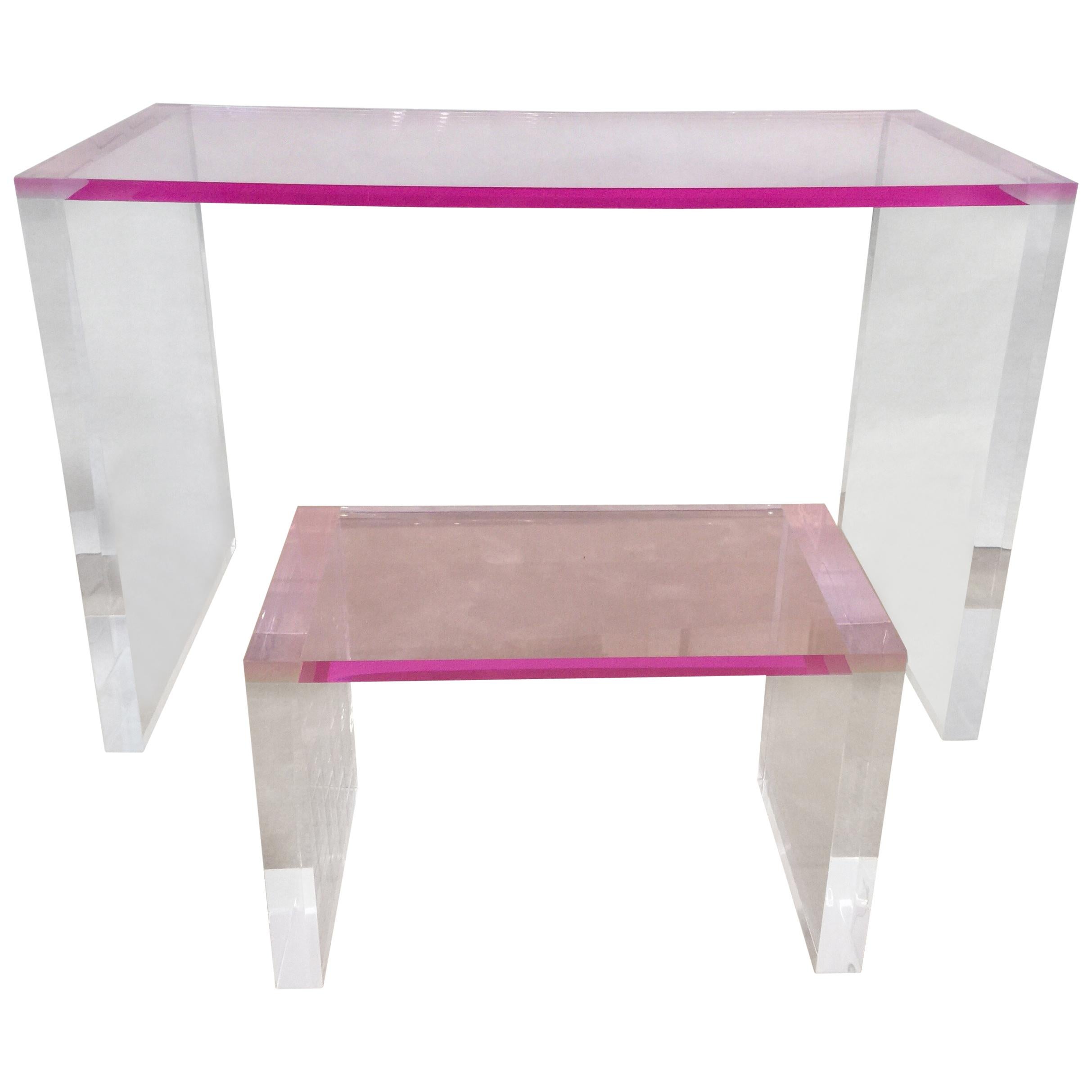 Pink Acrylic Desk and Matching Bench