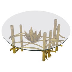 Brutalist Gilt Iron Lotus Coffee Table with Glass Top