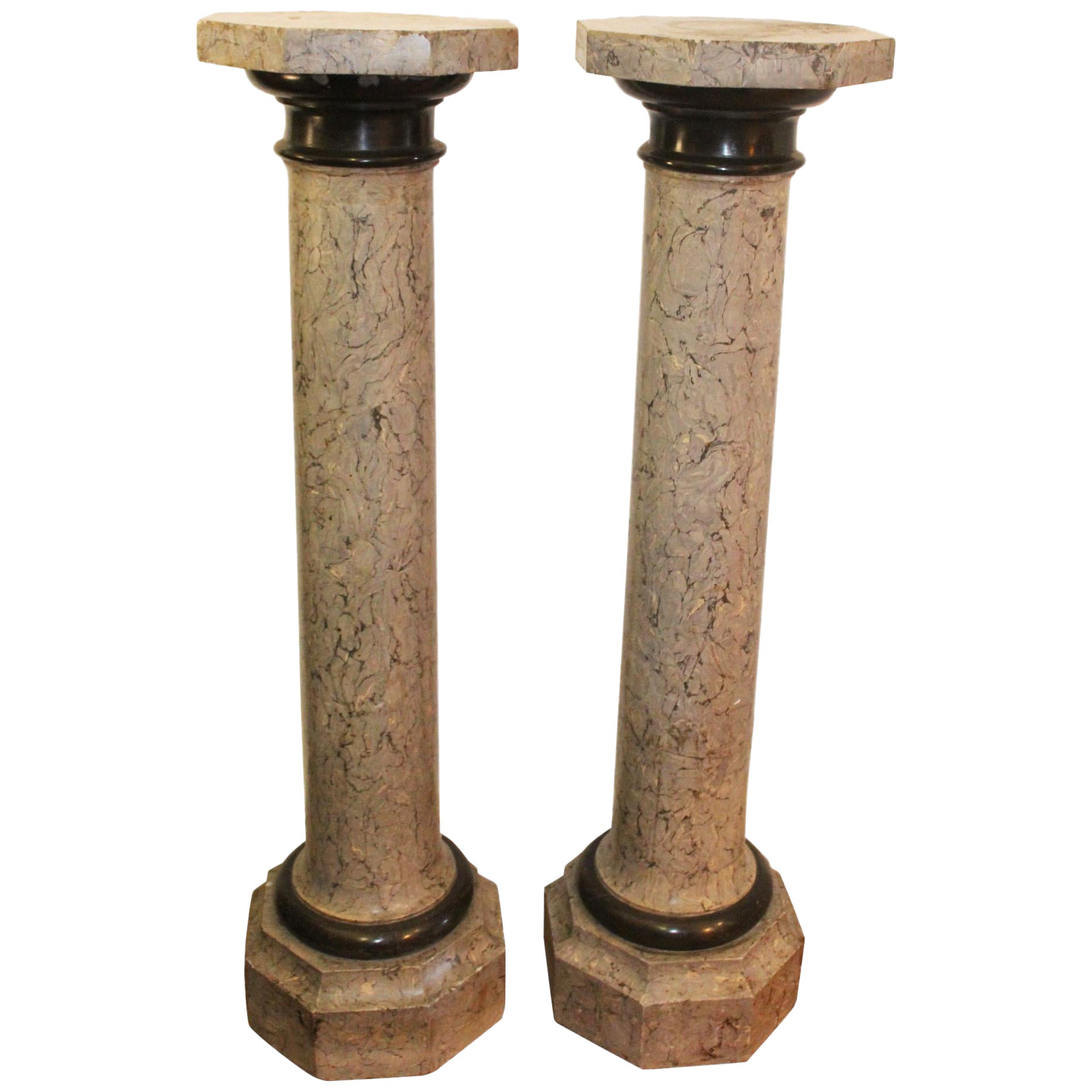 19th Century Pair of French Stucco Hand Painted Faux Marble Pedestals For Sale