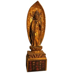 Antique Japan Old Gold Crowned Kanon Guan Yin, Original Gold Lacquer, Signed