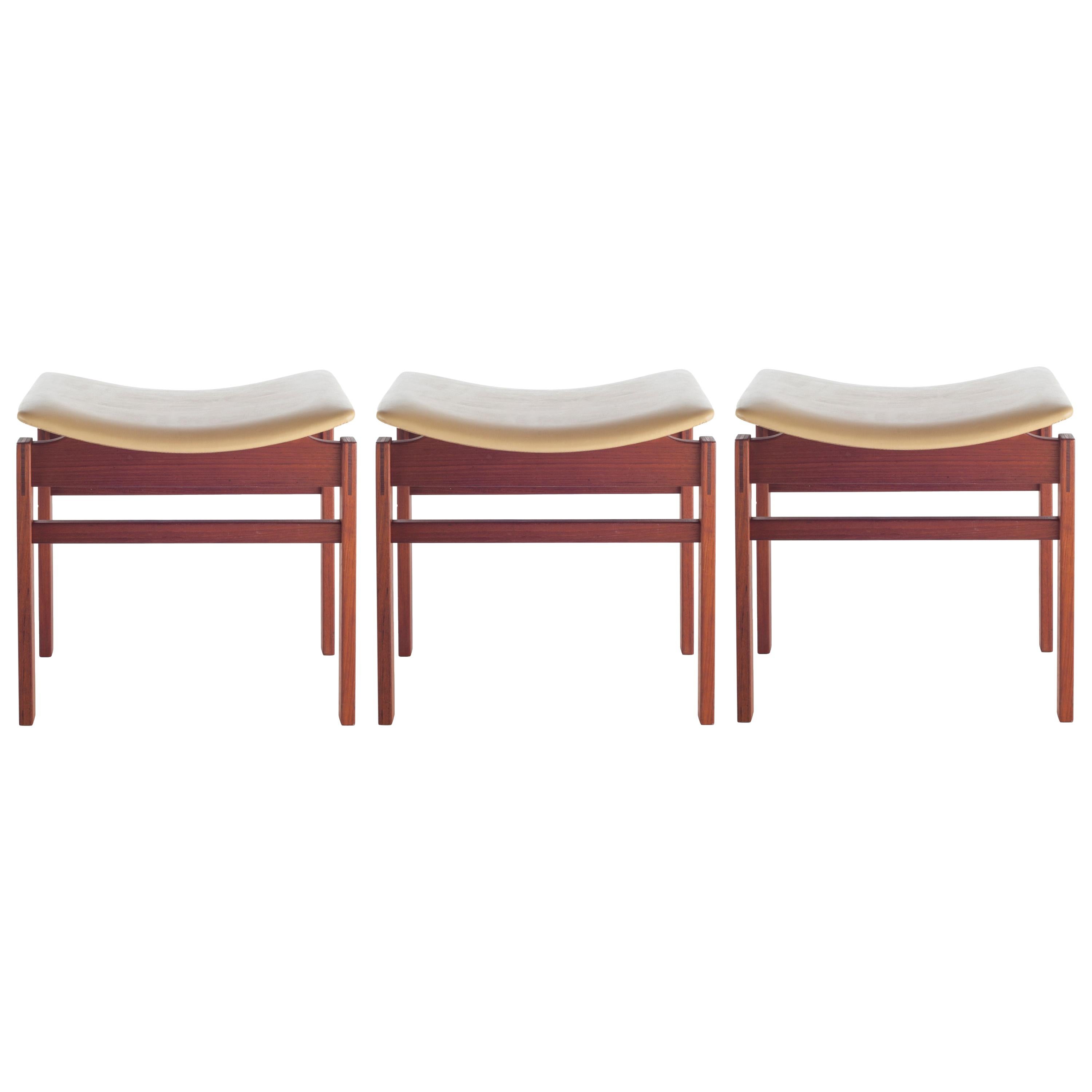 Set of Three Walnut and Leather Stools by Jens Risom, circa 1950s For Sale