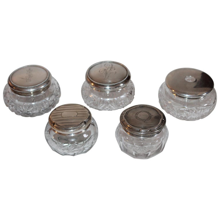 Collection of Five Sterling Silver and Cut Glass Powder Jars For Sale