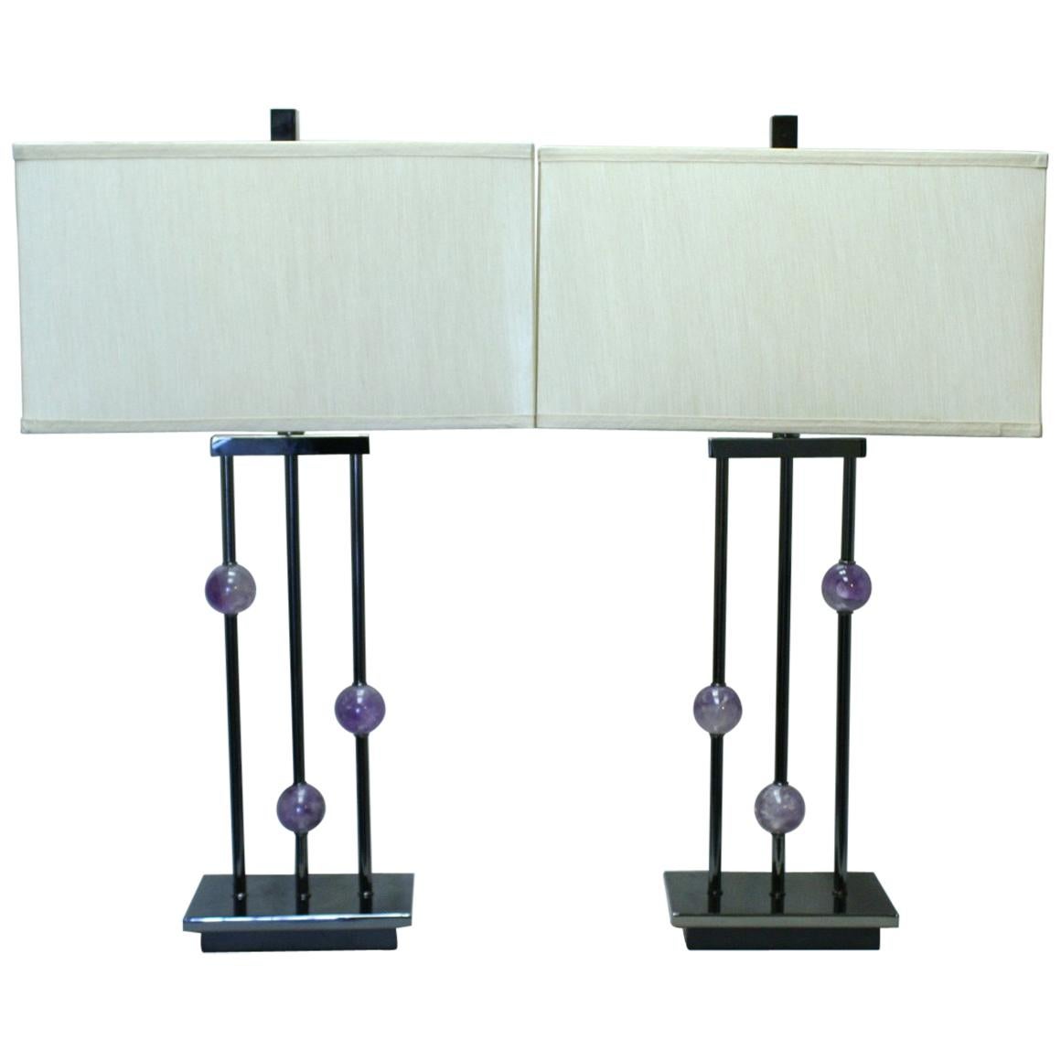 Pair of Modern Style Amethyst Quartz Lamps For Sale