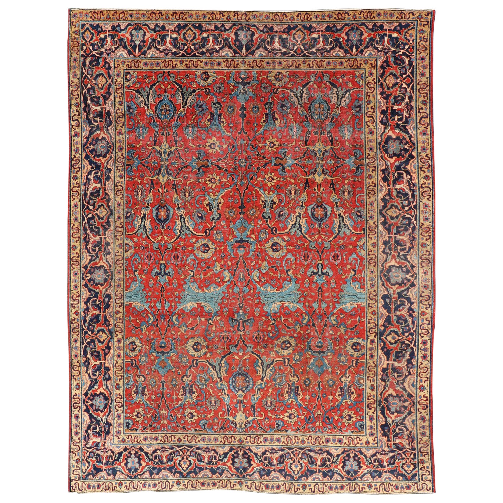 Antique Tabriz Rug with All Over Design in Rust Red, Blue's, Yellow, and L. Blue For Sale