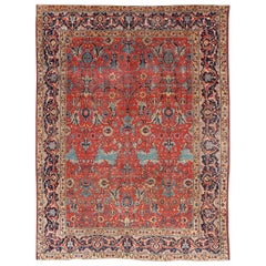 Antique Tabriz Rug with All Over Design in Rust Red, Blue's, Yellow, and L. Blue