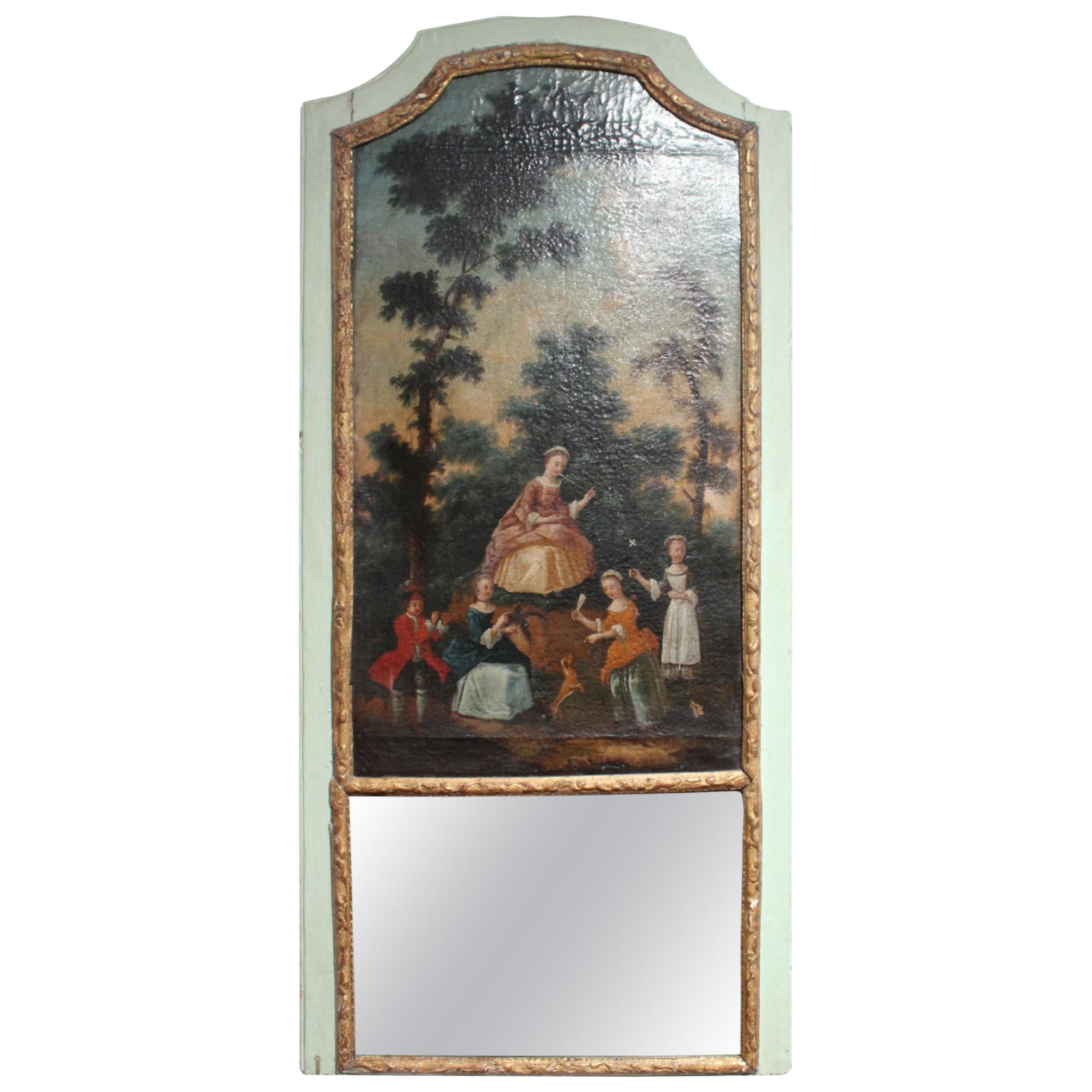 19th Century French Pier Glass Mirror with Oil Canvas of Court Scene