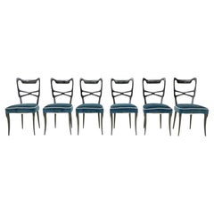 Set of Six Midnight Blue Velvet Dining Chairs in the style of Ulrich, Italy