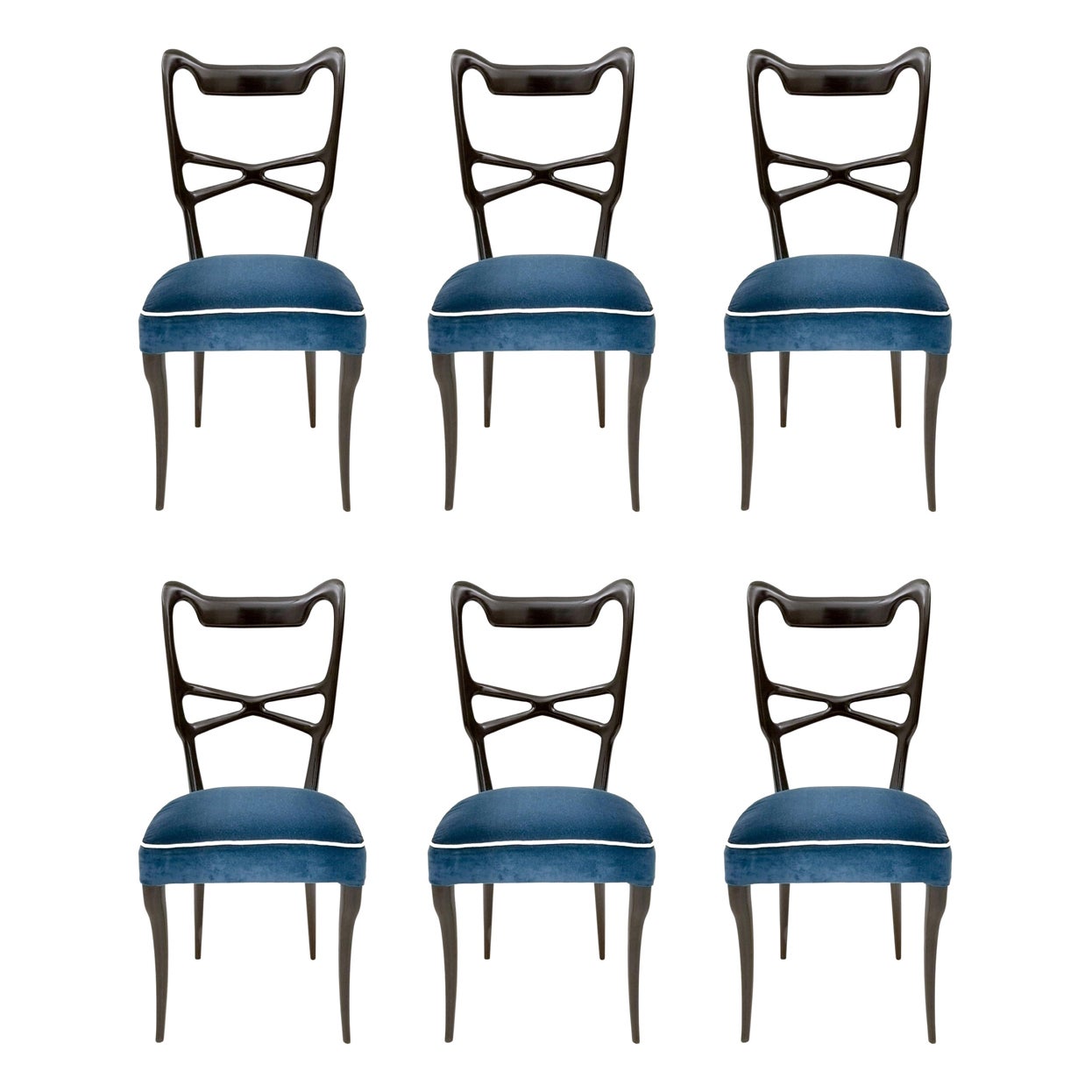 Vintage Set of Six Blue Velvet Dining Chairs in the style of Ulrich, Italy