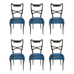 Ensemble vintage de six chaises de salle à manger en velours bleu dans le style d'Ulrich, Italie