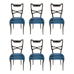 Juego Vintage de Seis Sillas de Comedor de Terciopelo Azul al Estilo de Ulrich, Italia
