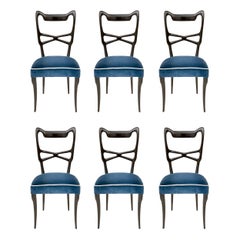 Vintage Set of Six Blue Velvet Dining Chairs in the style of Ulrich, Italy