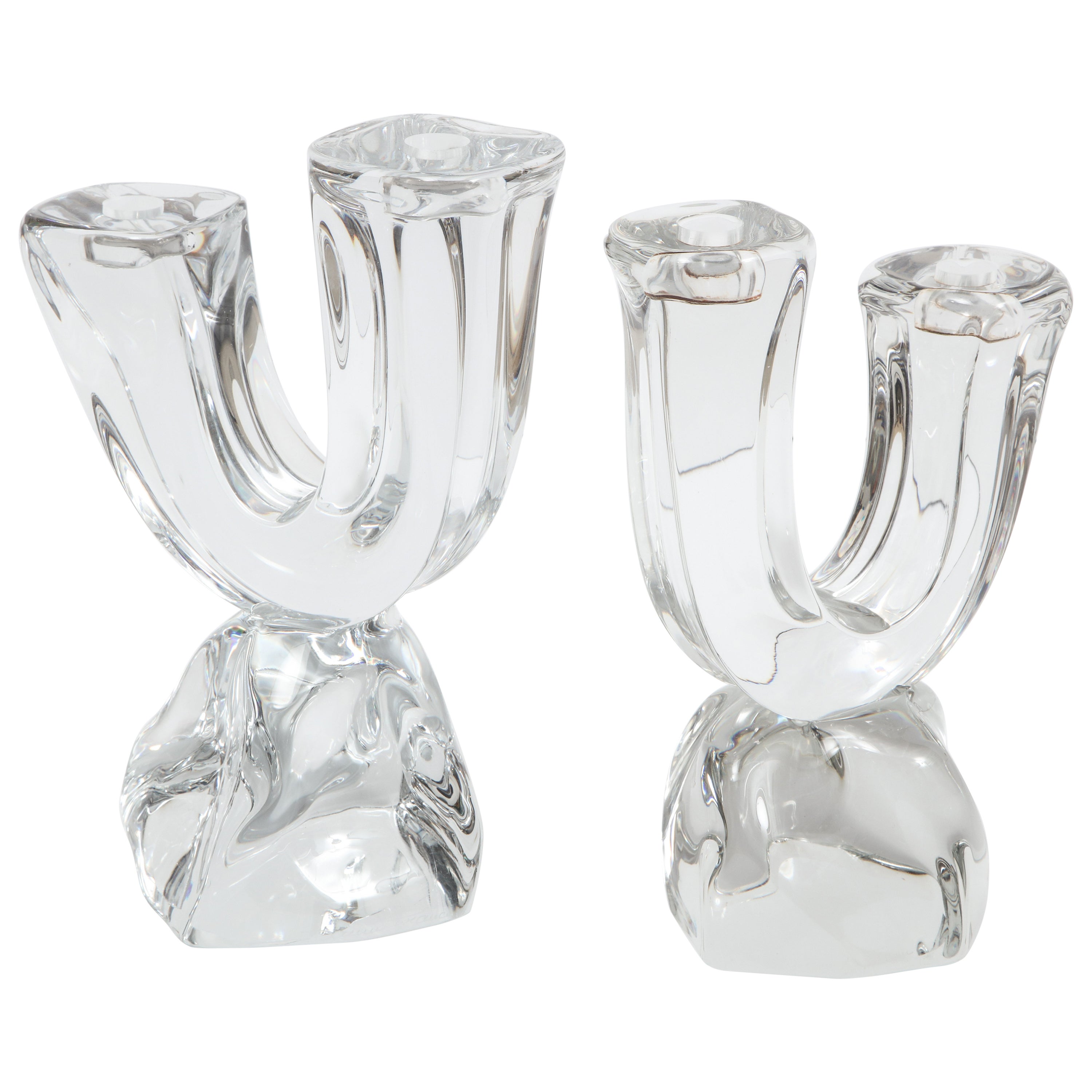 Vintage Pair of Lalique Crystal Candlesticks Candle Holders, France at