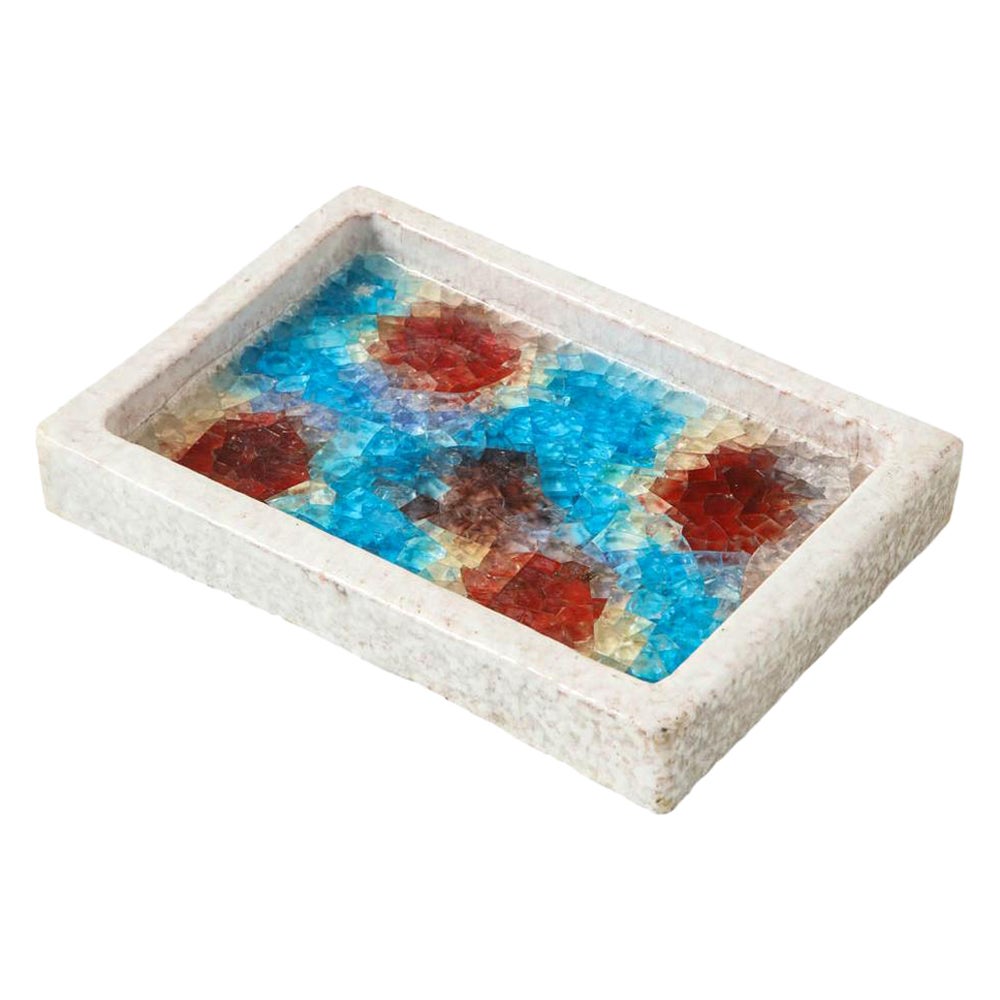 Cuenco Bitossi, Cerámica y Vidrio Fundido, Blanco, Rojo, Azul, Firmado