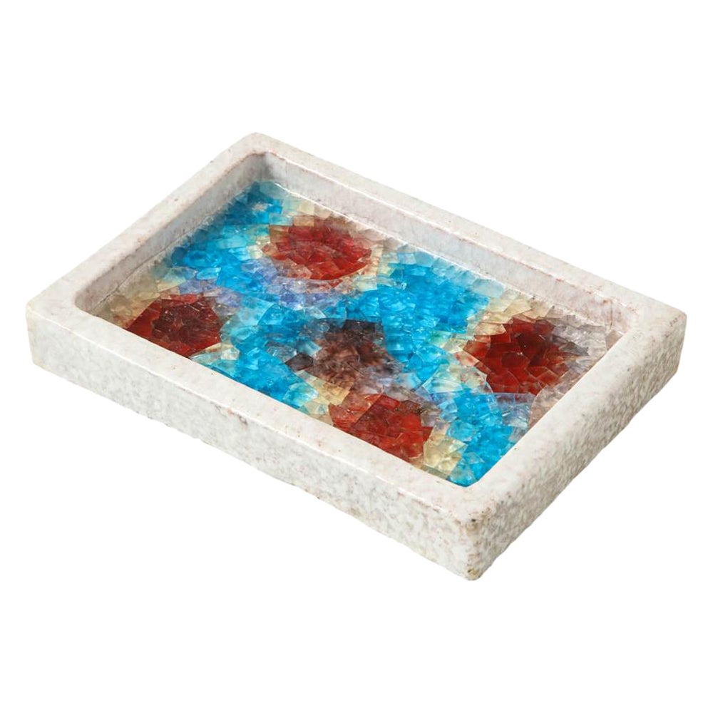 Bitossi Bowl, Ceramic and Fused Glass, White, Red, and Blue, Signed For Sale