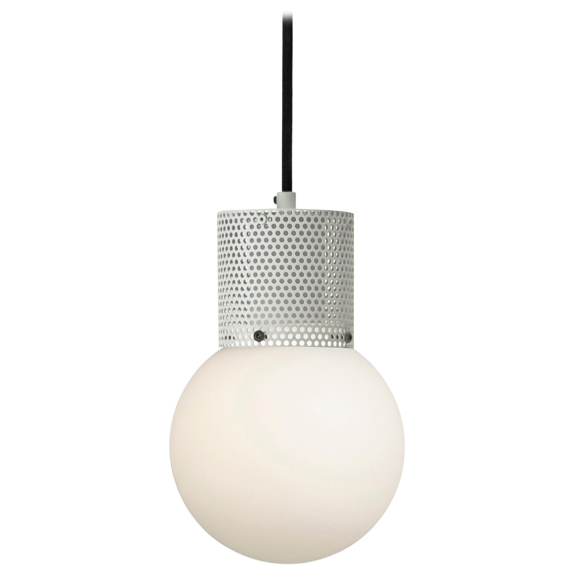 Perf Pendant Light Small Off-White Perforated Tube, Glass Round Orb Shade