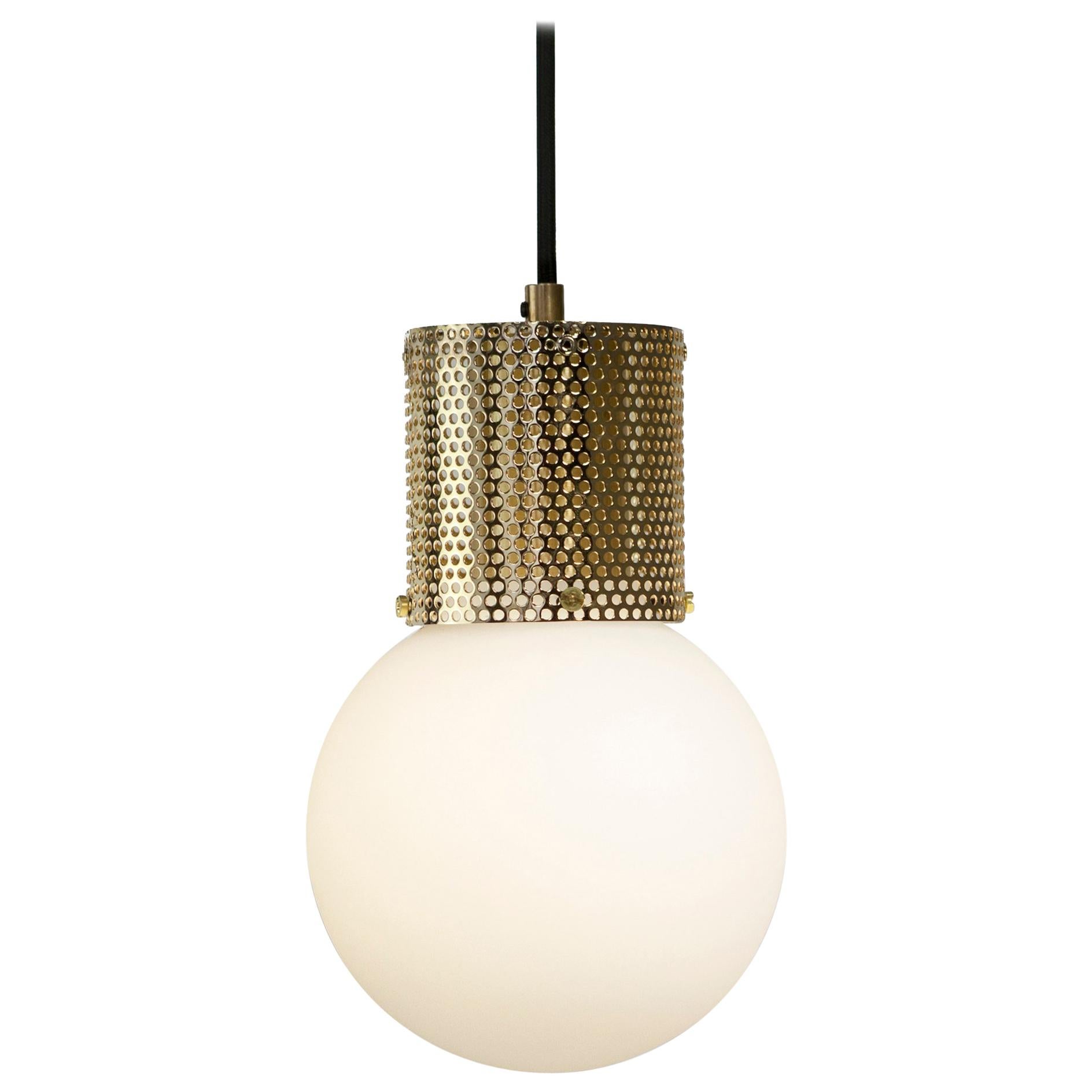 Perf Pendant Light, Small- Brass Perforated Tube, Glass Round Orb Shade For Sale