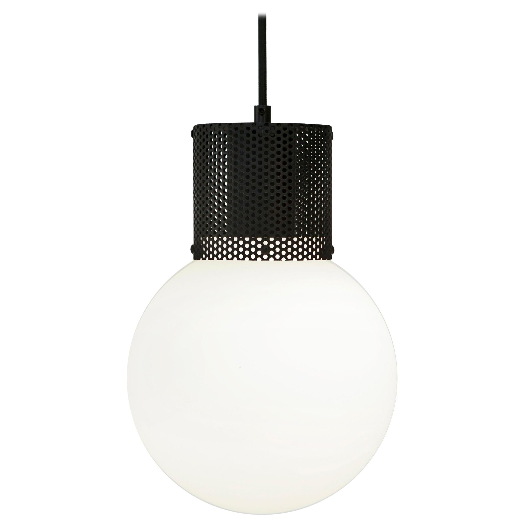 Perf Pendant Light Medium Matte Black Perforated Tube, Glass Round Orb Shade For Sale