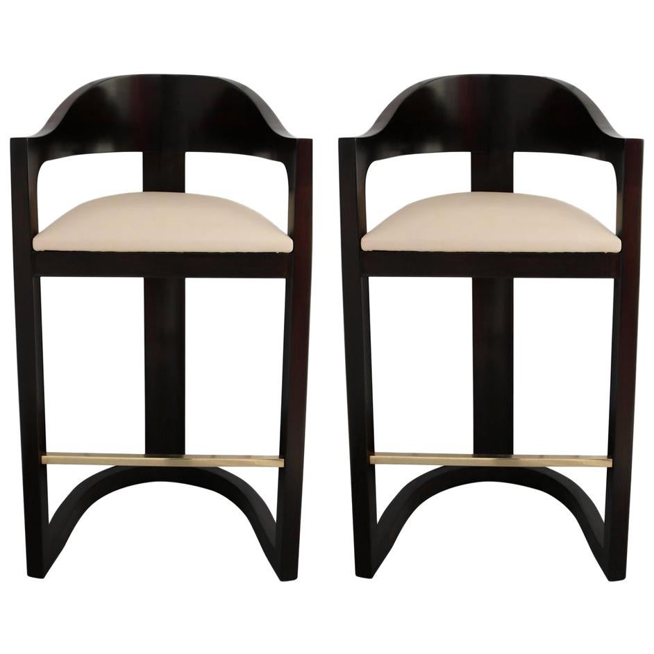 Pair of Bar Stools with Brass Foot Rests by Karl Springer